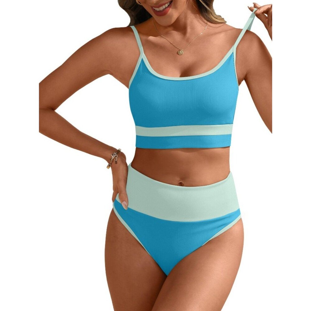 Women’s High Waisted Bikini Sets,Color Block 2 Piece Swimsuits,Tummy Control XL